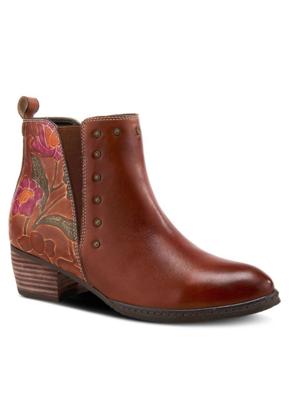 Women's Floral Side-Panel Leather Ankle Boot in Brown